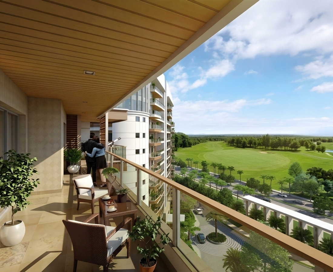 Private balcony overlooking landscaped greens